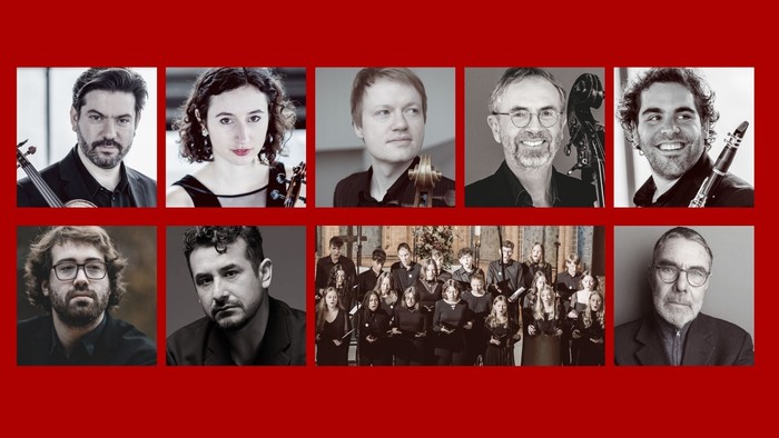 Portraits von Musikern und ein Chorfoto auf rotem Hintergrund
