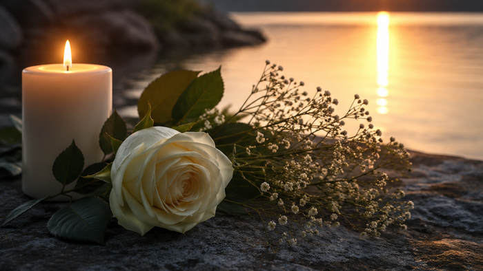 Ruhiger Sonnenuntergang am Wasser mit einer Kerze, weißer Rose und einem Kreuz auf felsigem Ufer.