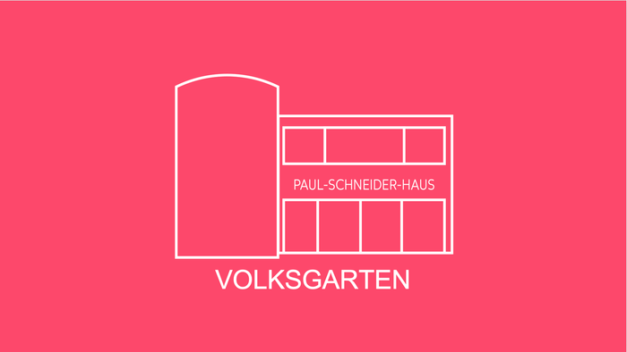 Minimalistische Strichzeichnung des Paul-Schneider-Hauses im Volksgarten auf rotem Hintergrund.