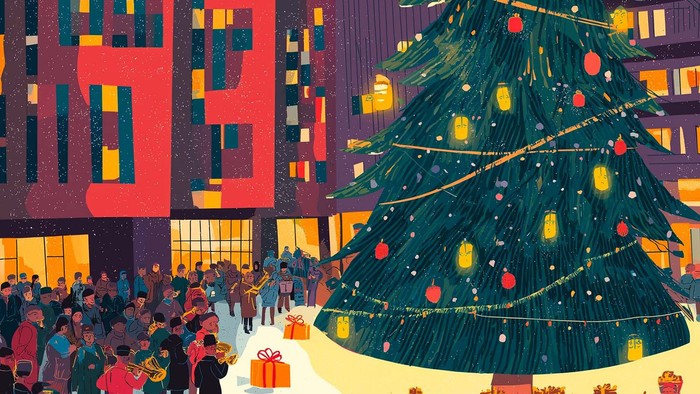 Juletræ på en travl byplads, pyntet med lys og juleting, omgivet af mennesker og bygninger.
