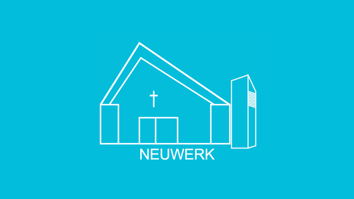 Minimalistisches Logo mit einer Kirche und einem modernen Gebäude, beschriftet mit „NEUWERK“, das „Neue Arbeit“ oder „Neubau“ symbolisiert.