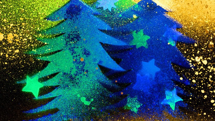 Bunte Weihnachtsbäume mit Sternen auf glitzerndem Hintergrund