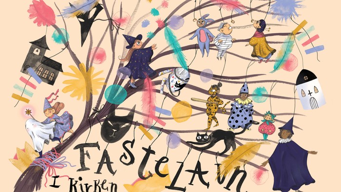 Illustret og farverigt træ med forskellige figurer og teksten 