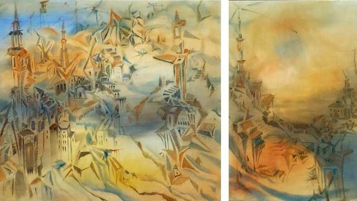 Surrealistisk triptykon, der skildrer et travlt, drømmelignende bylandskab med fantasifuld arkitektur og svævende figurer.