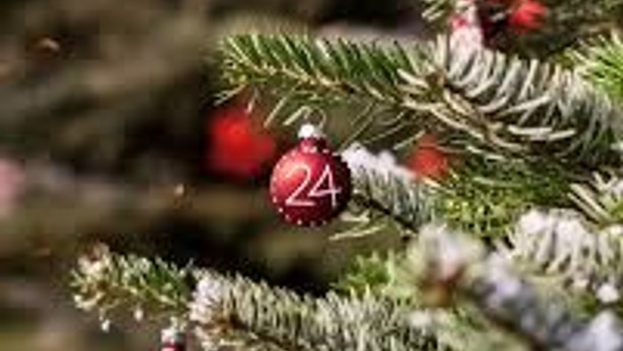 En juletree med røde og hvide pynt og en rød og hvid champignon.