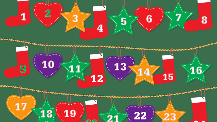 Weihnachts-Adventskalender mit Strümpfen, Herzen und Sternen, nummeriert von 1–24