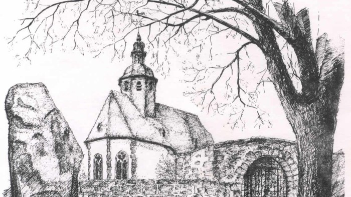 Skizze einer kleinen Steinkirche mit einem großen Baum in der Nähe.