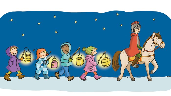 Kinder mit Laternen ziehen in einem festlichen Umzug unter einem sternenklaren Nachthimmel, angeführt von einem Reiter zu Pferd.