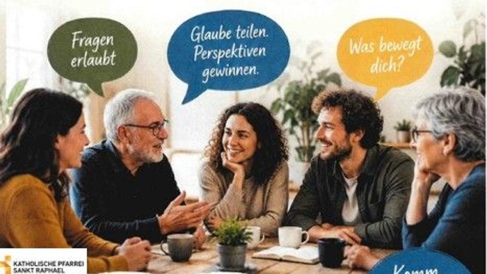 Ein einladendes Plakat für eine Diskussionsgruppe zu Glauben, Leben und Weltanschauungen, das zu offenem Austausch und gegenseitigem Wachstum ermutigt.