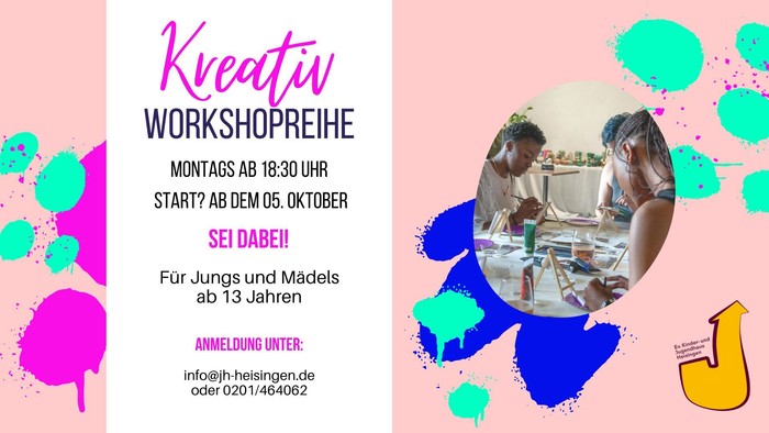 Kreativ-Workshop-Reihe für Jugendliche und junge Erwachsene ab dem 5. Oktober, montags um 18:30 Uhr, mit Anmeldedetails.