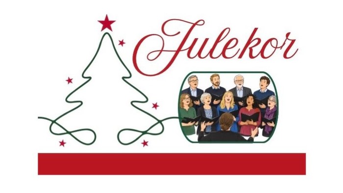 Tekst: Julekor, en lang grøn linje, der danner omridset af et juletræ, røde stjerner og et tegnet billede af et blandet kor med dirigenten i forgrunden