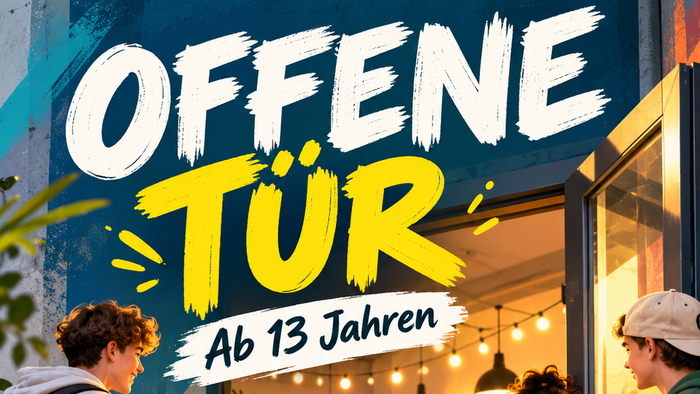 Werbeslogan für eine offene Veranstaltung, die Jugendliche ab 13 Jahren in einer lebendigen Indoor-Atmosphäre willkommen heißt.