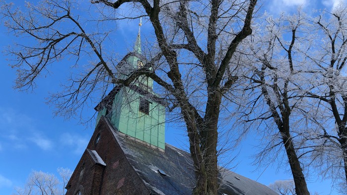 Kirchengebäude mit grünem Turm und kahlen Bäumen vor blauem Himmel