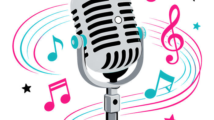 Vibrant microphone surrounded by colorful musical notes and swirling starburst patterns against a dark background.