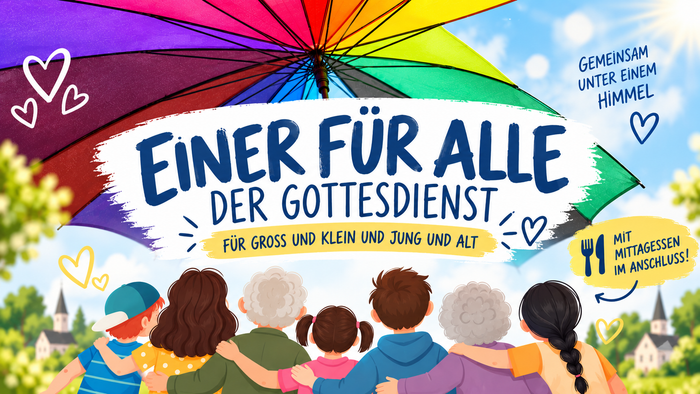 Buntes Veranstaltungsplakat für inklusiven Gottesdienst für alle Altersgruppen und Generationen unter einem Himmel mit gemeinsamem Essen.
