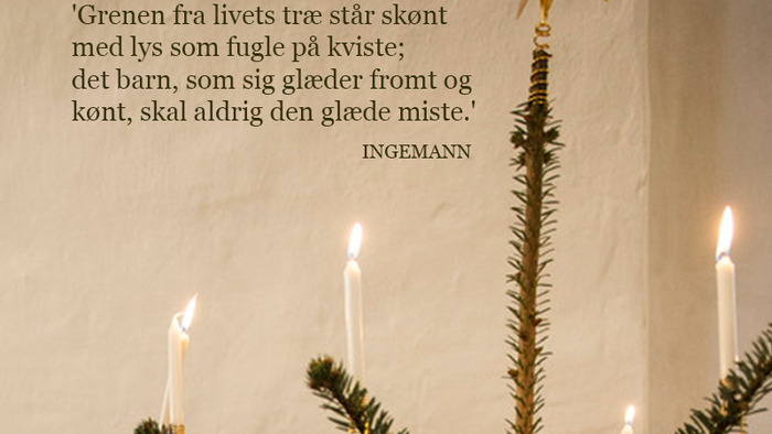 Hånd, der holder juletræ med tændte stearinlys og stjerne i toppen, med et dansk citat.