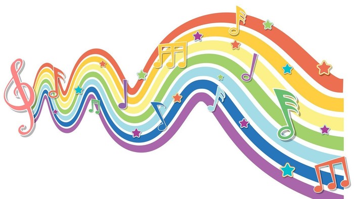 Bunter Regenbogen mit Noten und Sternen