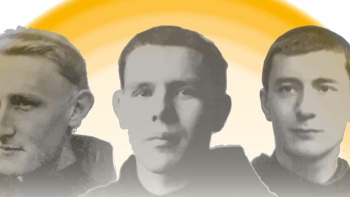 Drei sepiafarbene Porträts von Männern auf einem kreisförmigen gelben Hintergrund, wahrscheinlich historische Persönlichkeiten oder Sportler.