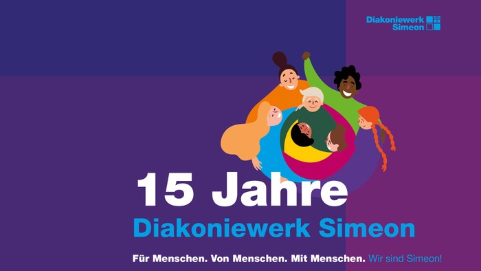 15 Jahre Diakoniewerk Simeon - Zeichnung von mehreren bunten Menschen auf Lila Hintergrund