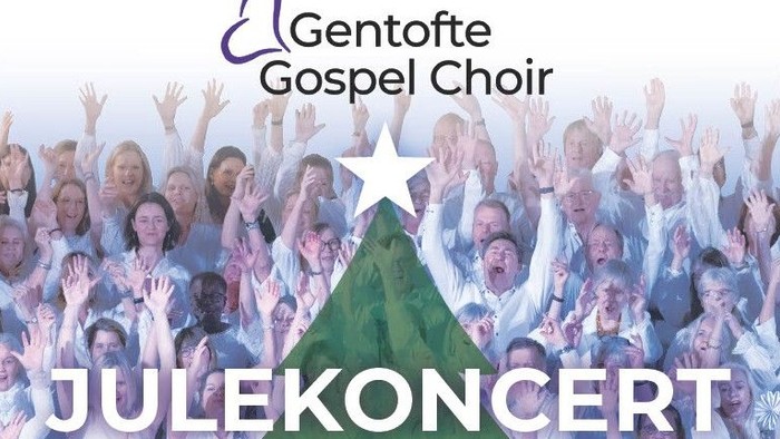 Plakat til en julekoncert med et gospelkor, der indeholder oplysninger om arrangementet og de medvirkende