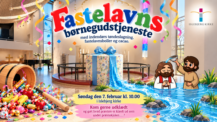 En festlig kirkelig begivenhedsannonce med slik, gaver og tegneseriefigurer til en børnepåskegudstjeneste.
