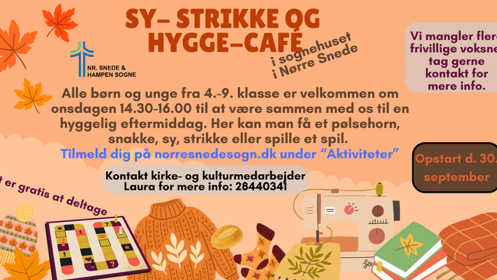 Gratis hygiejnekafé med kreative aktiviteter og lege for børn i alderen 4-9 år i Nørre Snede Kirke, startende den 30. september.