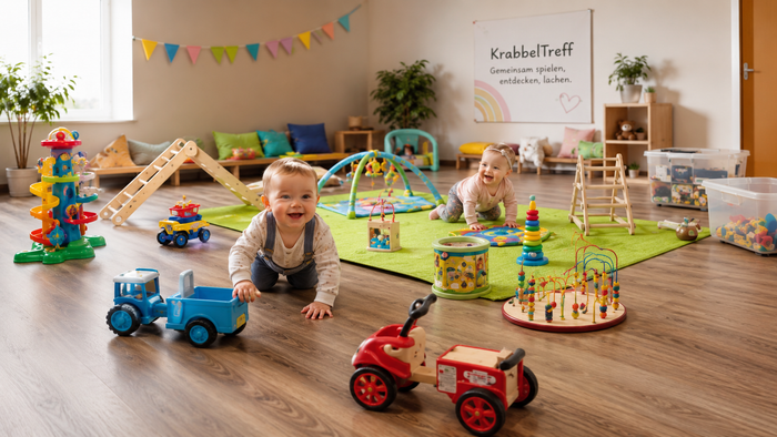 Heller Spielraum voller Kleinkinder, die mit bunten Spielzeugen und Spielgeräten Spaß haben.