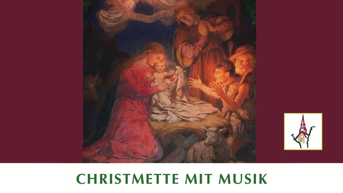 Bild zeigt eine religiöse Szene mit Maria und Jesus, umgeben von Engeln und Tieren, mit Text