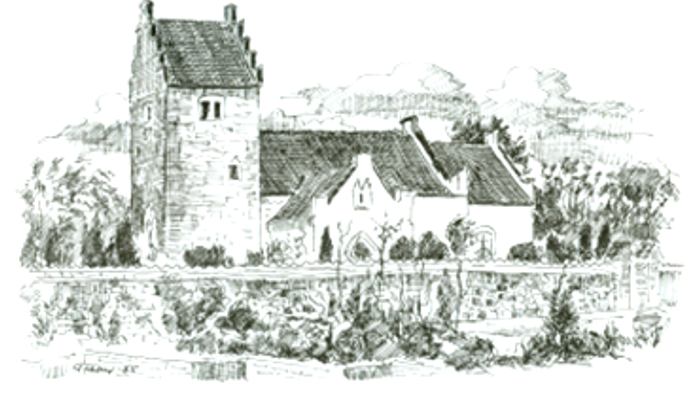 Tegnelsen viser en middelalderlig kirke med tårn og omgivelser.