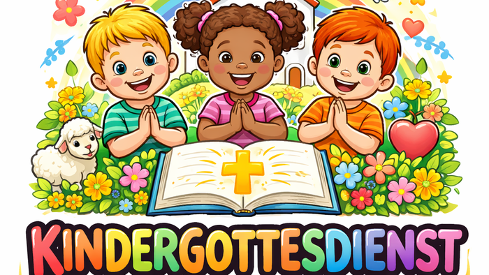 Bunte Illustration von Kindern in einem fröhlichen KinderGottesdienst mit offener Bibel und religiösen Symbolen.