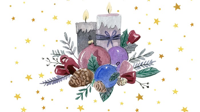 Ein festlicher Strauß mit Kerzen und Weihnachtskugeln, umgeben von goldenen Sternen