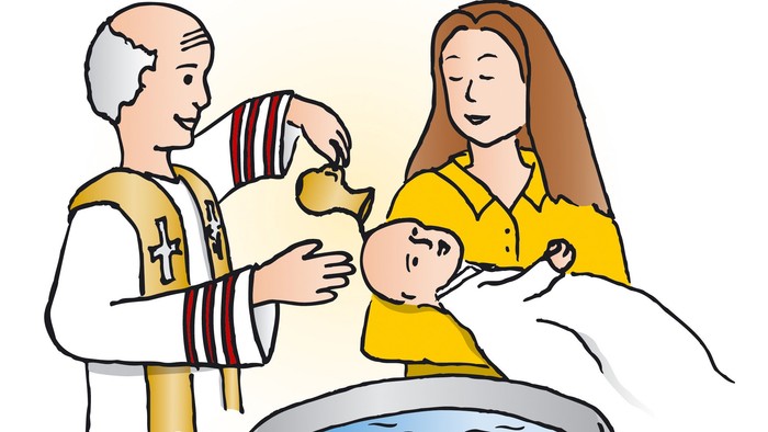 Ein Priester segnet ein Baby über einem Taufbecken, während eine Frau das Kind hält
