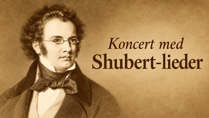 Et sepiafarvet portræt af Franz Schubert med tekst, der annoncerer en koncert med Schuberts Lieder.