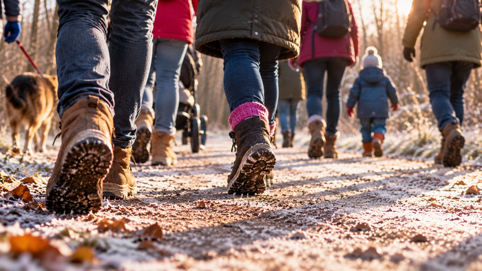 Eine Gruppe von Erwachsenen und Kindern wandert in winterlicher Kleidung über einen leicht verschneiten Waldweg. Im Vordergrund sind die Stiefel der Gehenden zu sehen, links läuft ein Hund mit.
