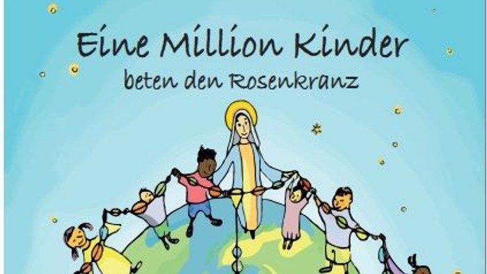Bunte Illustration von Kindern, die am 7. Oktober gemeinsam einen Rosenkranz für Einheit und Frieden beten.