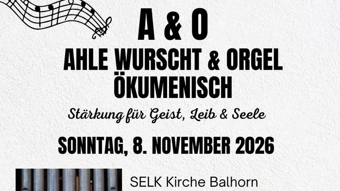 Plakat für eine Reihe von Orgel- und Wurstkonzerten am 8. November 2026 in drei Kirchen.