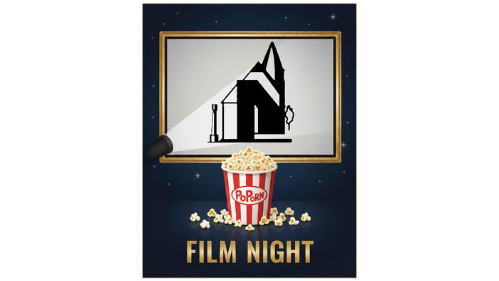 Auf einer Leinwand ist die Kirche am Florenberg zu sehen. Darunter steht Film Night