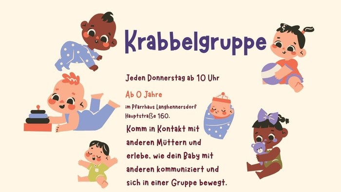 Krabbelgruppe für Babys im Alter von 0–3 Jahren, jeden Donnerstag um 10 Uhr zum sozialen Austausch.