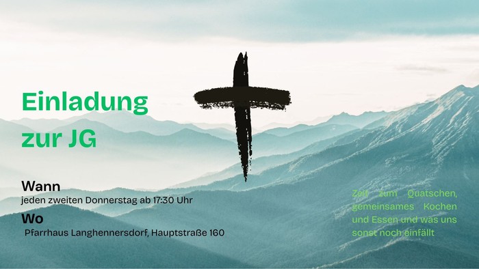 Einladung zum Jugendgruppentreffen mit Kochen, Essen und Abendaktivitäten jeden zweiten Donnerstag um 17:30 Uhr.