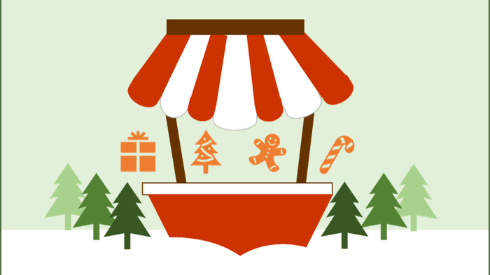 A festive holiday scene with a red and white striped storefront, Christmas tree, gingerbread man, gift, and candy cane.