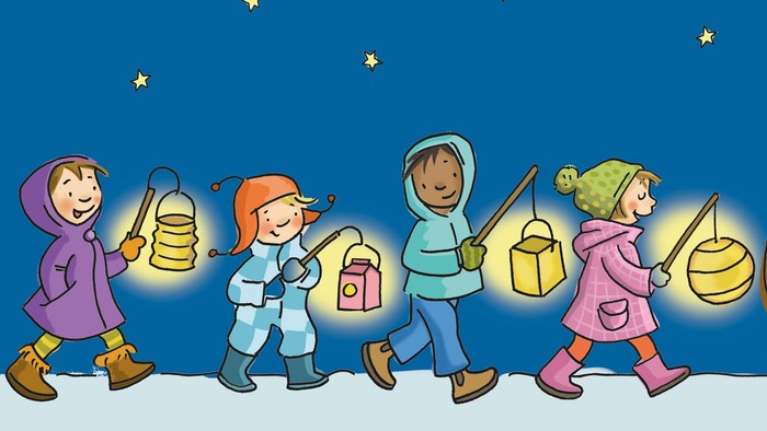 Kinder ziehen mit Laternen und Mann auf Pferd durch Schnee