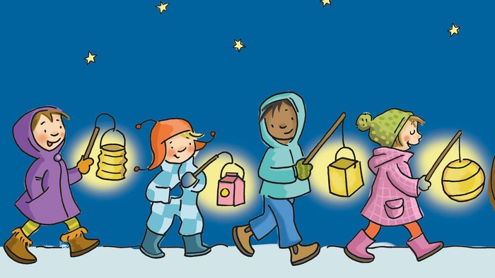 Kinder ziehen mit Laternen und Mann auf Pferd durch Schnee