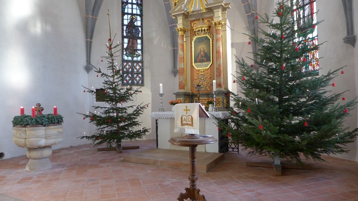 In der Kirche stehen zwei Weihnachtsbäume vor einem Altar.