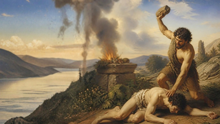 Ein primitiver Mann erhebt seine Faust über einen gefallenen, besiegten Gefährten in der Nähe eines schwelenden Feuers.