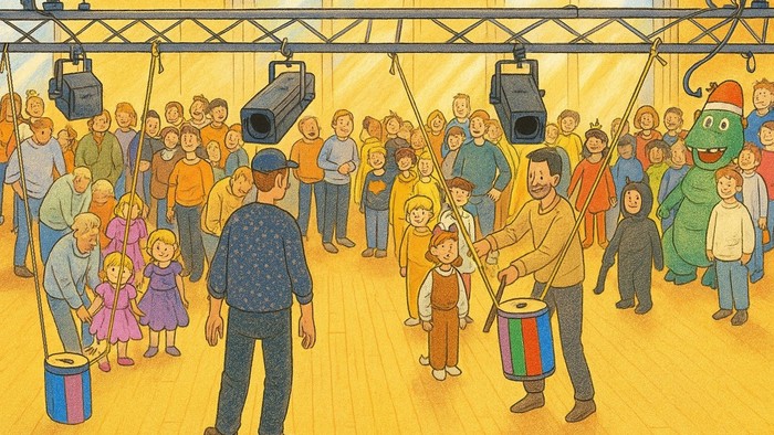 Børn, der leger i en gymnastiksal med voksne og farverige legetøj.