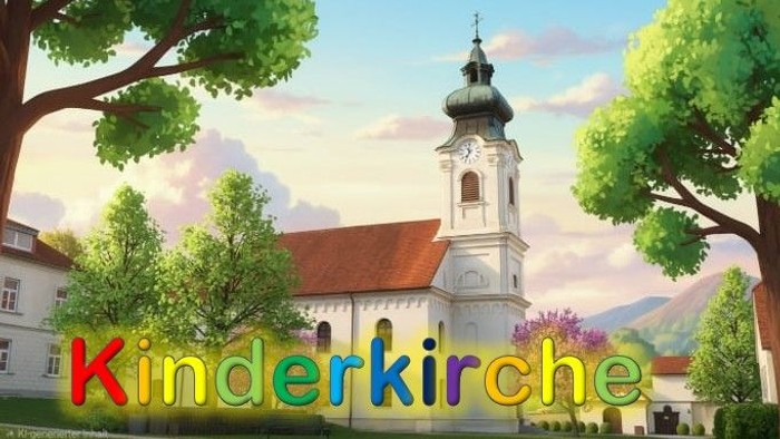 Animierte Illustration einer charmanten Kirche mit der Beschriftung „Kinderkirche“, buntem Text und üppigem Grün.