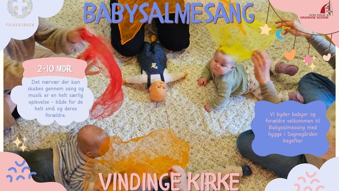 Et farverigt plakat, der annoncerer en begivenhed med vuggevise-sang for babyer i Vindinge Kirke den 4. april 2026 kl. 9:30 til 10:30.