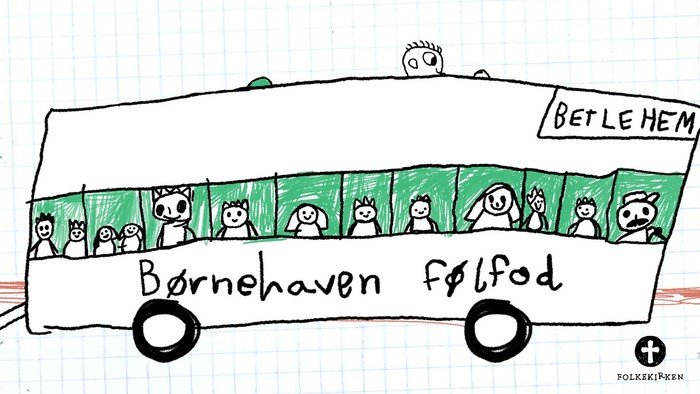 En tegnet bus med skrift 