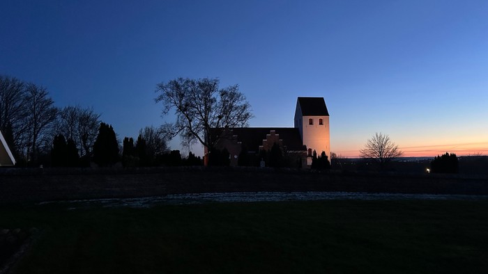 En mørk skov med et højt tårn i baggrunden under en blå himmel