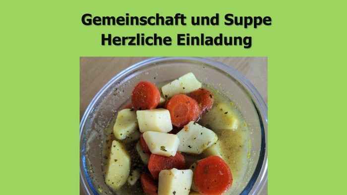 Einladungsflyer für eine Gemeinschafts-Suppenveranstaltung der Evangelischen Kirche Alt-Tempelhof mit Details und Datum.